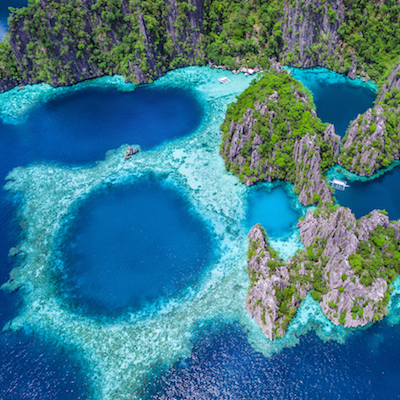 Coron, Palawan, Philippines, aerial view of beautiful lagoons and limestone cliffs.