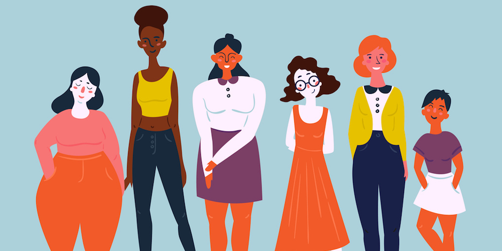 Diverse international and interracial group of standing women. For girls power concept, feminine and feminism ideas, woman empowerment and role cards design.