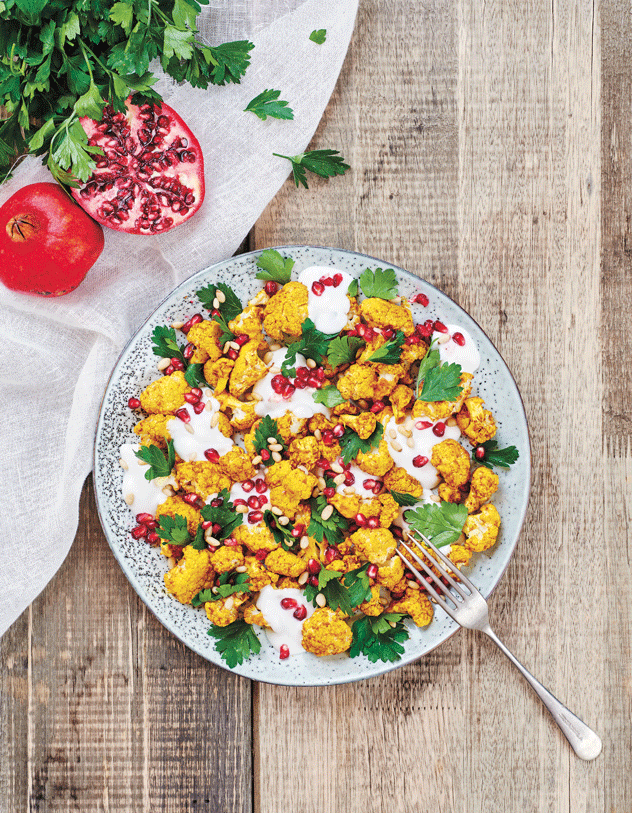 Turmeric-Roasted Cauliflower, Pomegranate & Coconut Salad