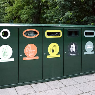 Malmo, Sweden - July 25, 2017: Advanced segregation system with Various types of recycling bins in the public park in Malmo.