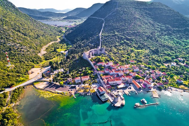 Mali Ston waterfront aerial view, Ston walls in Dalmatia region of Croatia.