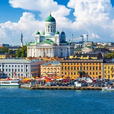 Scenic summer panorama of the Market Square (Kauppatori) at the Old Town pier in Helsinki, Finland