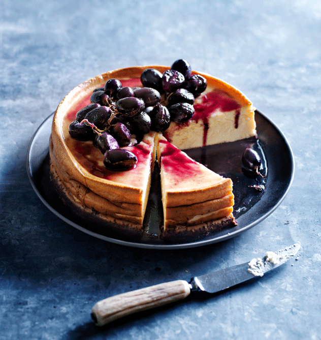 Ricotta & Chocolate Baked Cheesecake with Roasted Grapes