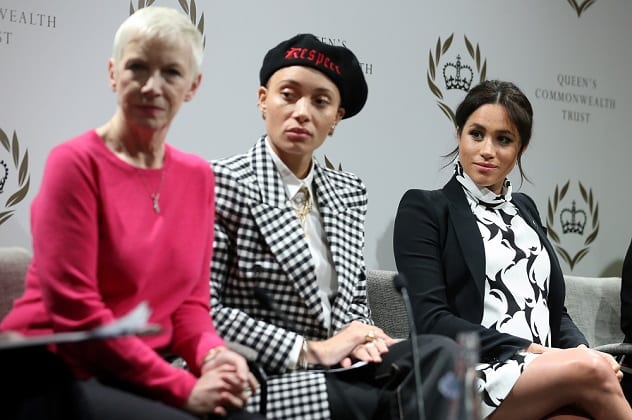 British singer Annie Lennox, British model Adwoa Aboah and Britain's Meghan, Duchess of Sussex take part in a panel discussion at King's College London, in London, Britain March 8, 2019. Photo Credit: Daniel Leal-Olivas/PoolÊvia REUTERS