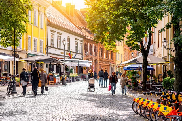 Main pedestrian street with cafes and bars in the old town of Vilnius, Lithuania