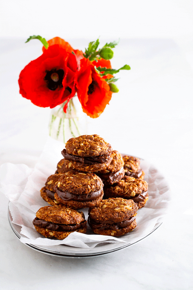 Anzac Biscuits with Chocolate Whiskey Ganache Filling