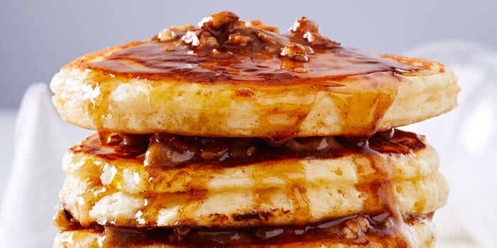 Fluffy Pancakes with Spiced Pretzel Butter and Maple Syrup