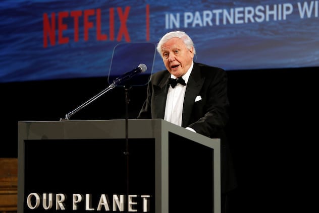 British naturalist David Attenborough gives a speech during the global premiere of Netflix's "Our Planet" at the Natural History Museum in London, Britain April 4, 2019. Photo Credit: REUTERS/John Sibley/Pool