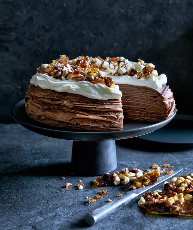 Spiced Chocolate Crêpe Cake with Chocolate Mousse & Hazelnut Praline