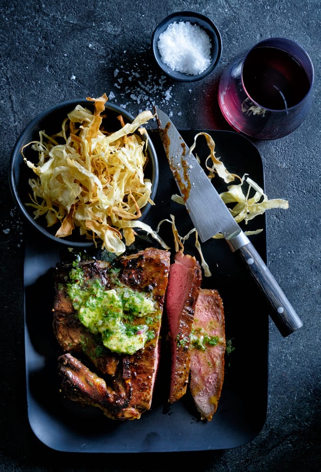Coffee-Rubbed T-Bone Steak with Parsley Butter & Parsnip Chips
