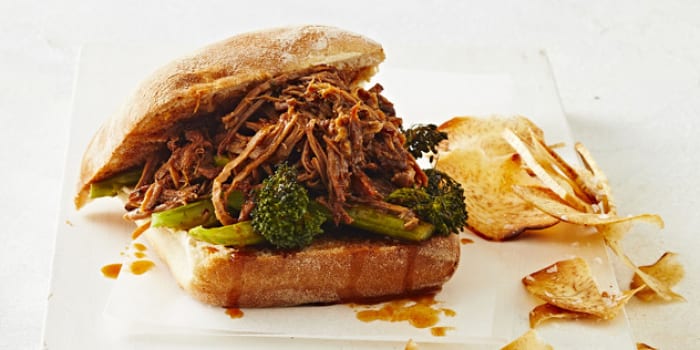 Slow-Cooked Pineapple Pulled Pork Burger with Roasted Broccolini and Taro Chips
