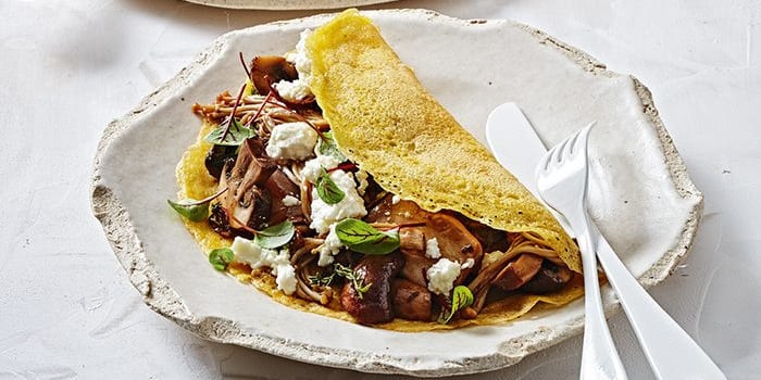 Chickpea Crepes with Mushroom Ragu and Goats Curd