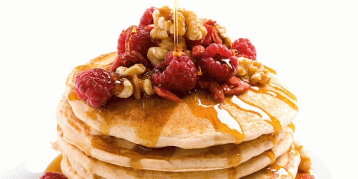 Buckwheat Pancakes with Raspberries, Walnuts and Maple Syrup
