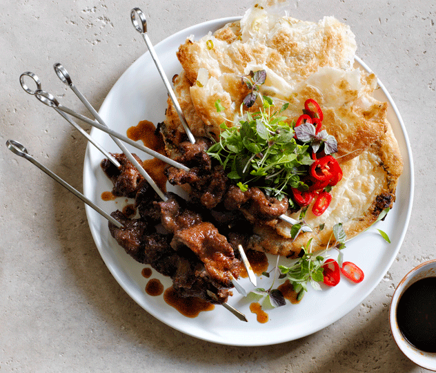 Mongolian Lamb Skewers with Spring Onion Roti