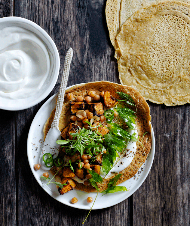 Chickpea Pancakes with Spiced Butternut, Chilli & Curry Leaves