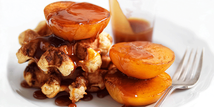 Waffles with Roasted Peaches and Brandy Butter Sauce Recipe