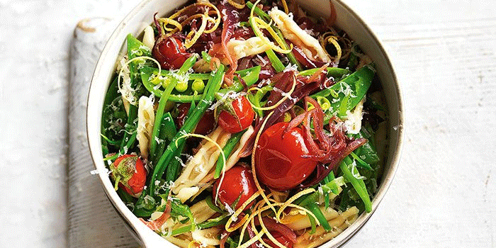 Capunti Pasta with Snow Peas, Summer Tomatoes and Lemon