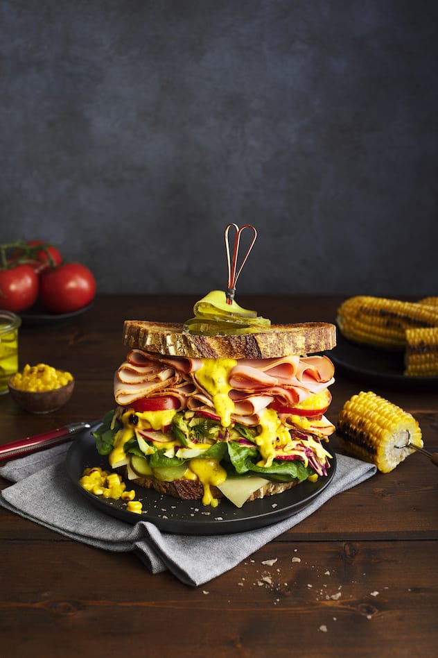 Flame Roasted Ham and Sourdough Sandwich with charred corn