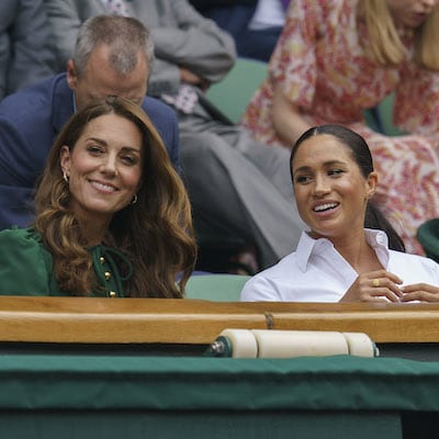 Jul 13, 2019; London, United Kingdom; HRH The Duchess of Cambridge and HRH The Duchess of Sussex and Pippa Matthews  look on during the womens final between Serena Williams (USA) and Simona Halep (ROU) on day 12 at the All England Lawn and Croquet Club. Mandatory Credit: Susan Mullane-USA TODAY Sports - 13038983