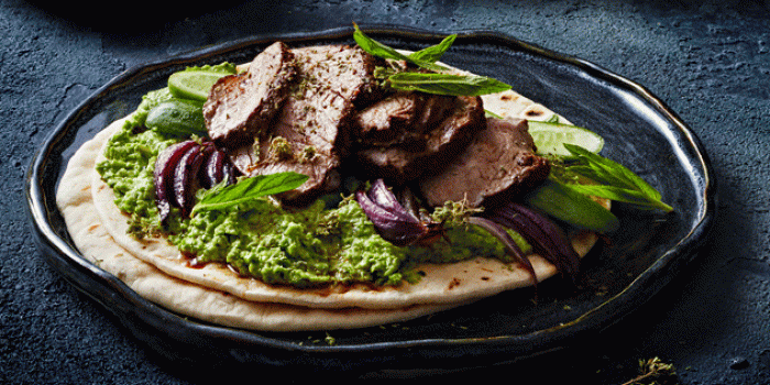 Greek Lamb Shawarma Wraps with Pea Hummus