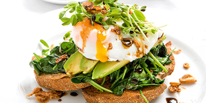 Rye Toast with Poached Free-Range Eggs, Wilted Spinach, Avocado & Sprouts