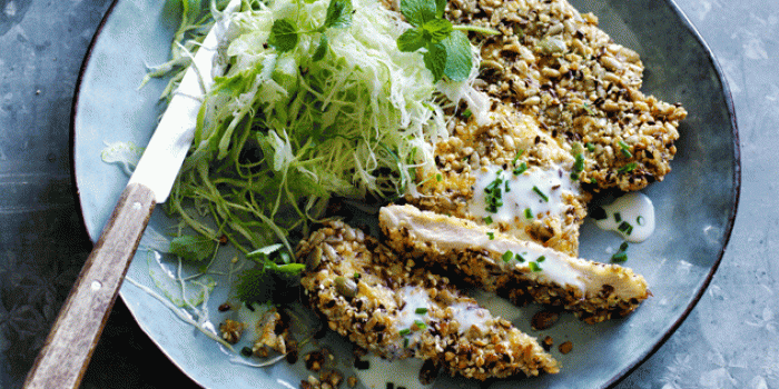 Polenta & Seed Crumbed Chicken Schnitzel with Shaved Cabbage Slaw