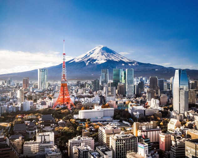 Bustling Tokyo, with the backdrop of Mt Fuji looking down on the Japanese capital.