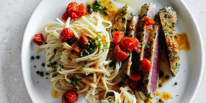 Crumbed Tuna Linguine with Tomatoes & Capers Recipe