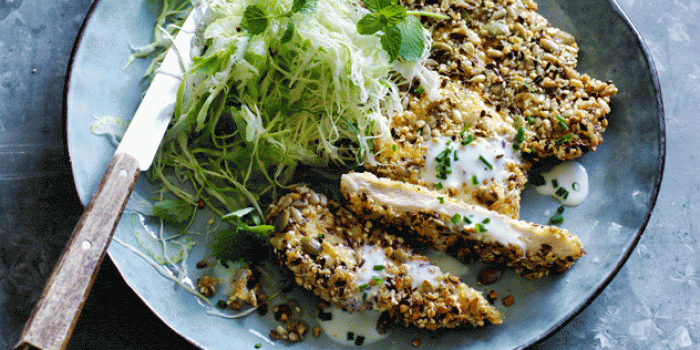 Polenta & Seed Crumbed Chicken Schnitzel with Shaved Cabbage Slaw