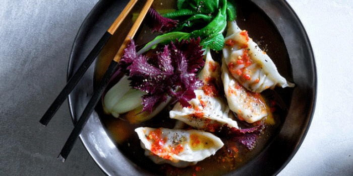 Chinese Cabbage, Sesame & Mushroom Dumplings with Shiitake Mushroom Broth