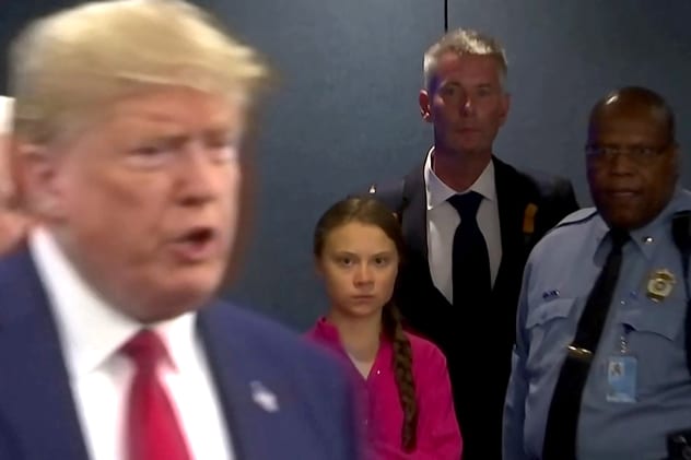 Parting shot: Greta Thunberg's expression said it all as she crossed paths with Donald Trump at the UN. REUTERS