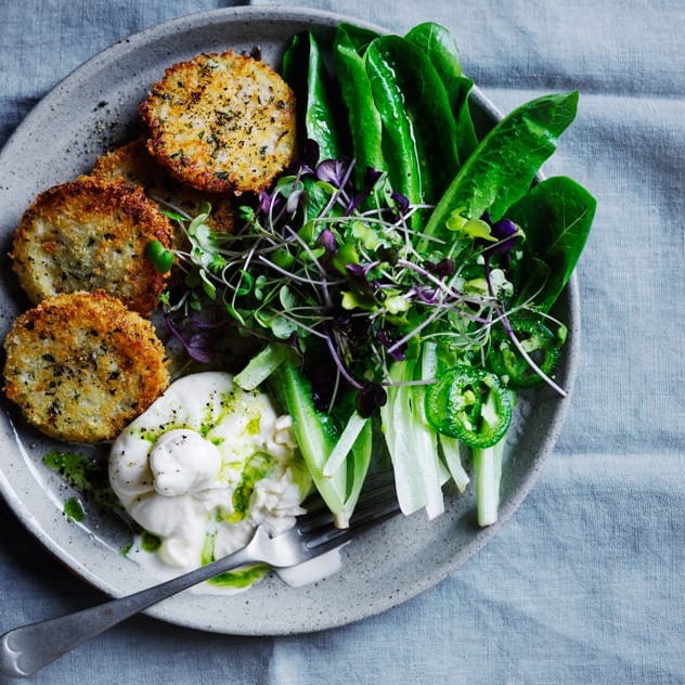Crumbed Green Tomatoes with Green Juice Dressing & Burrata Recipe