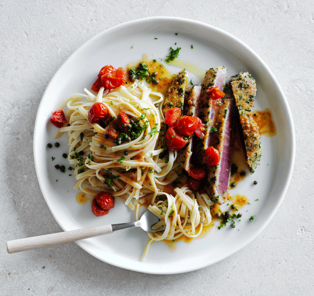 Crumbed Tuna Schnitzel with Tomatoes & Capers Linguine