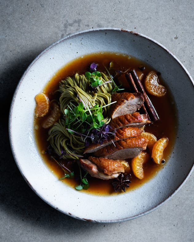Mandarin & Soy-Braised Duck Breasts with Green Tea Noodles Recipe