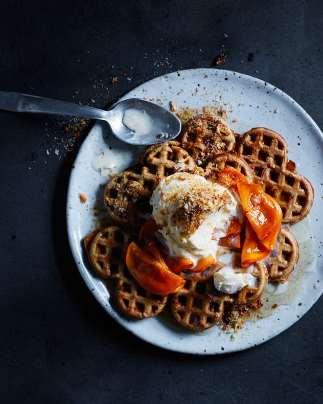 Gingerbread Waffles with Honey-Glazed Persimmons & Ice Cream Recipe