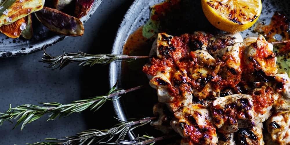 Chargrilled Chicken & Rosemary Skewers with Roasted Sweet Potatoes Recipe