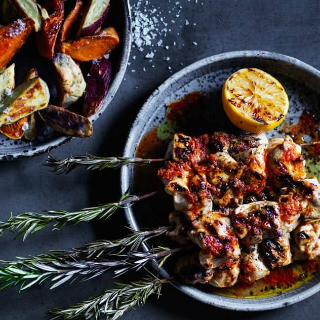 Chargrilled Chicken & Rosemary Skewers with Roasted Sweet Potatoes Recipe