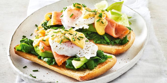 Salmon & Eggs Benedict with Wilted Spinach & Avocado Recipe 