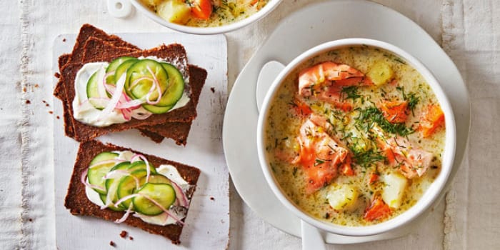 Salmon, Potato & Dill Soup With Pickled Cucumber Open Sandwiches