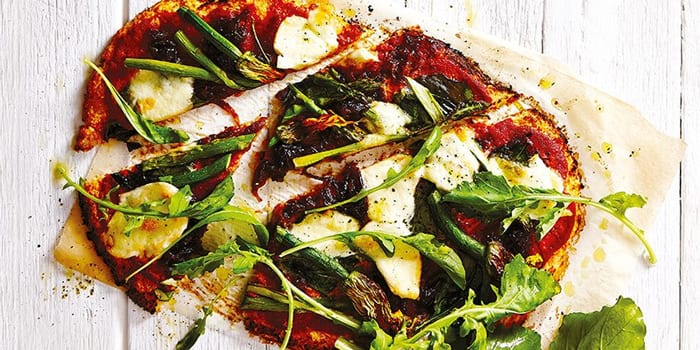 Cauliflower Pizza with Zucchini Flowers, Asparagus & Caramelised Onion Recipe