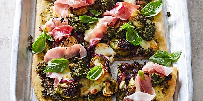 Tray Baked Winter Pizzas with Green Olive & Chilli Pesto