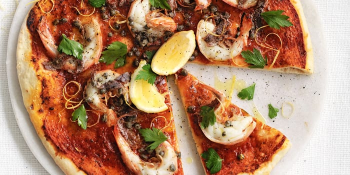 Pizza with Prawns, Lemon, Capers  and Anchovies