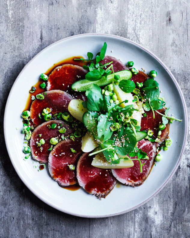 Seared Beef Tataki with Ponzu Sauce and Watercress Salad Recipe