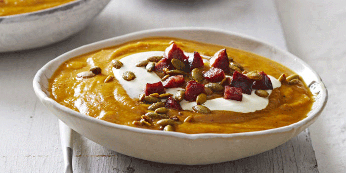 Maple-roasted Pumpkin Soup with Chorizo and Spiced Pepitas
