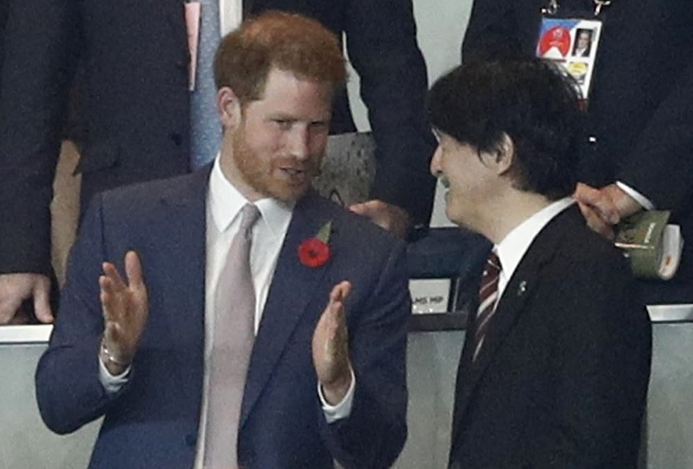 Rugby Union - Rugby World Cup - Final - England v South Africa - International Stadium Yokohama, Yokohama, Japan - November 2, 2019  Britain's Prince Harry, Duke of Sussex and Japan's Crown Prince Akishino in the stands before the match REUTERS/Edgar Su - UP1EFB20PJ3JB