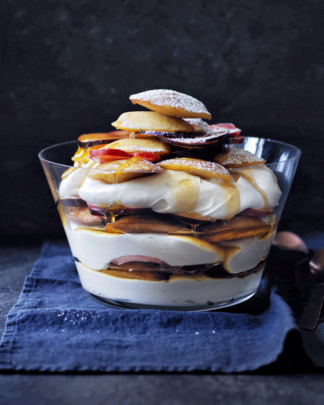 Madeleine, Vanilla Custard & Brandy Stone Fruit Trifle Recipe