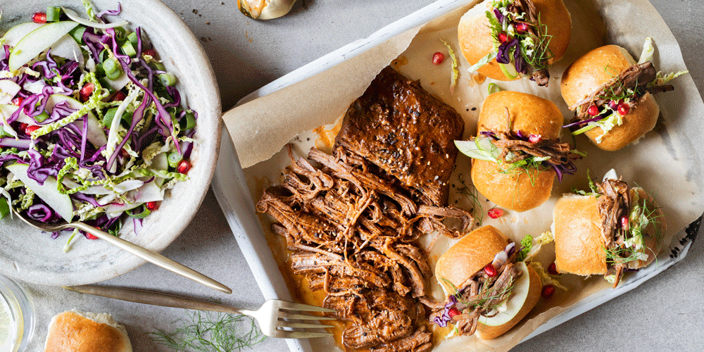 Slow Cooked Beef Brisket Sliders with Fennel & Apple Slaw & Harissa Mayonnaise Recipe