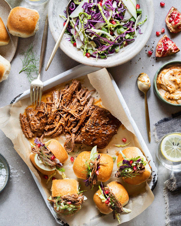 Slow Cooked Beef Brisket Sliders with Fennel & Apple Slaw & Harissa Mayonnaise Recipe