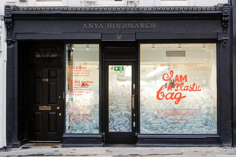 LONDON, ENGLAND - FEBRUARY 15: Anya Hindmarch Sloane Street Store part of 'I Am A Plastic Bag Campaign' during London Fashion Week on February 15, 2020 in London, England. (Photo by David M. Benett/Dave Benett/Getty Images for Anya Hindmarch)