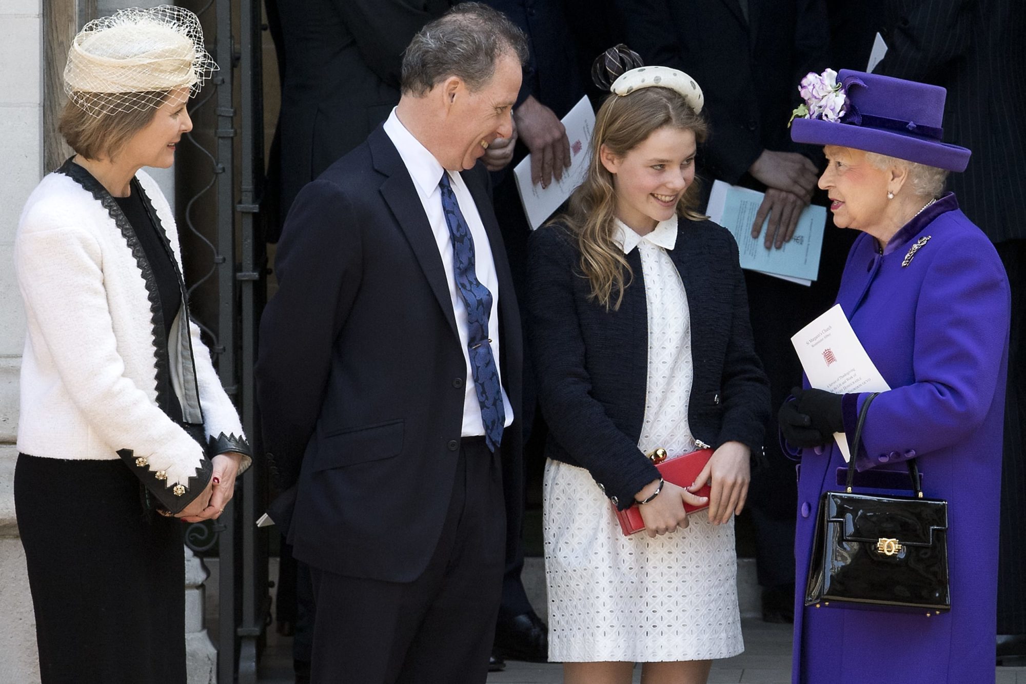 Britain's Queen Elizabeth speaks to Serena Armstrong-Jones, David Armstrong-Jones, and Margarita Armstrong-Jones after a Service of Thanksgiving for Lord Snowdon, at Westminster Abbey in London, Britain April 7, 2017.  REUTERS/Justin Tallis/Pool